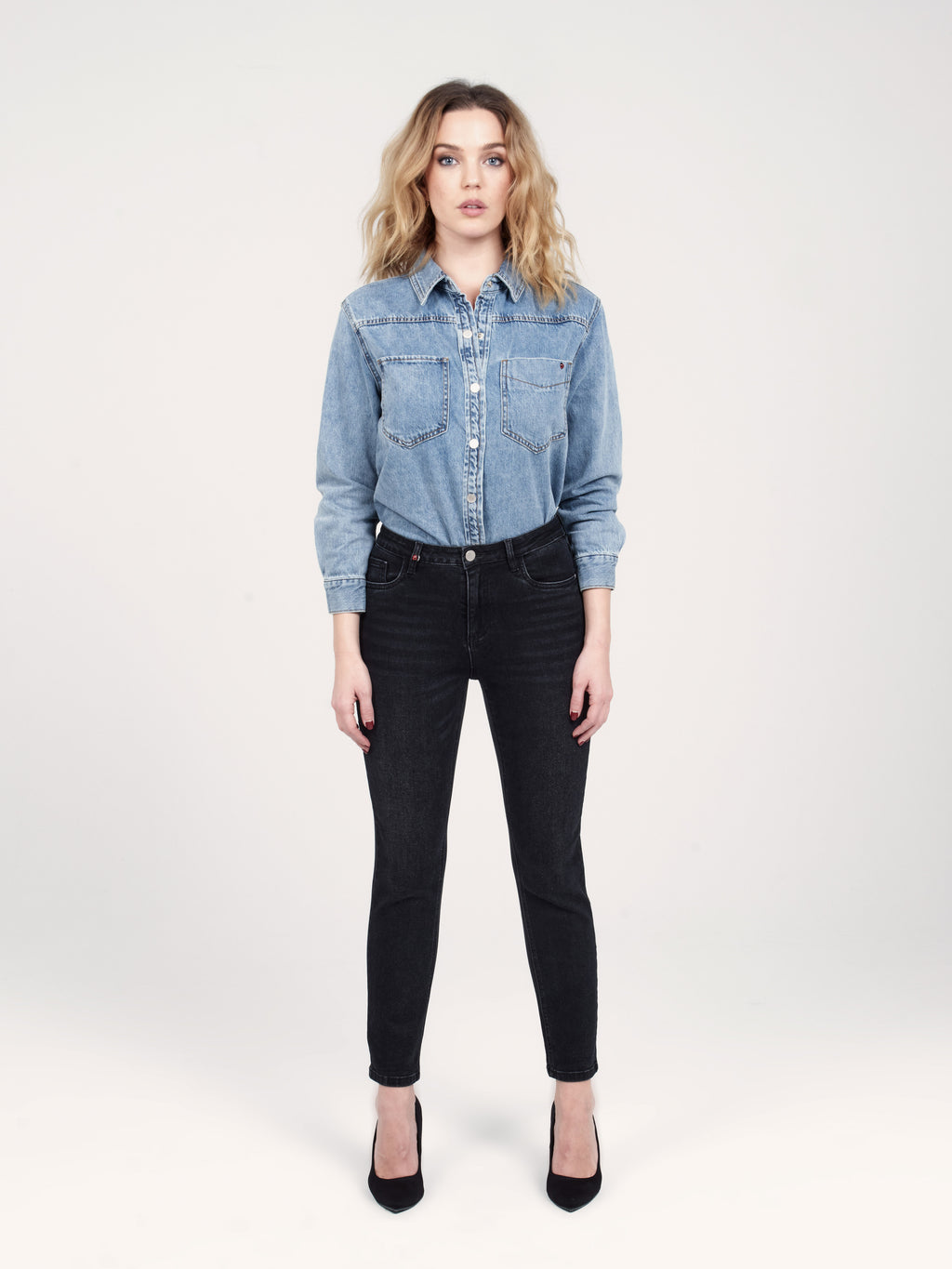 Jean boyfriend slim noir taille haute MAEVA femme, BLACK, taille XS, porté par Priscilla (1m76) – photo 2