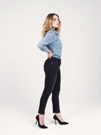 Jean boyfriend slim noir taille haute MAEVA femme, BLACK, taille XS, porté par Priscilla (1m76) – photo 3