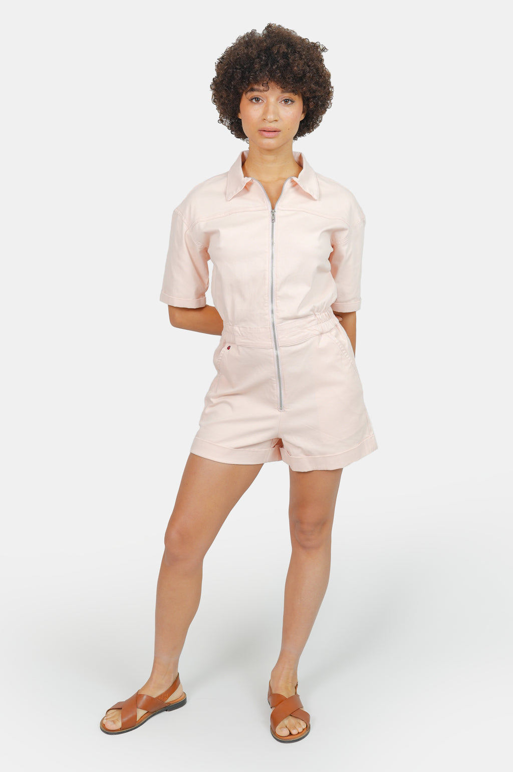 Combishort saumon DOLCE en coton femme, LIGHT SALMON, taille XS, porté par Marie (1m71) – photo 2