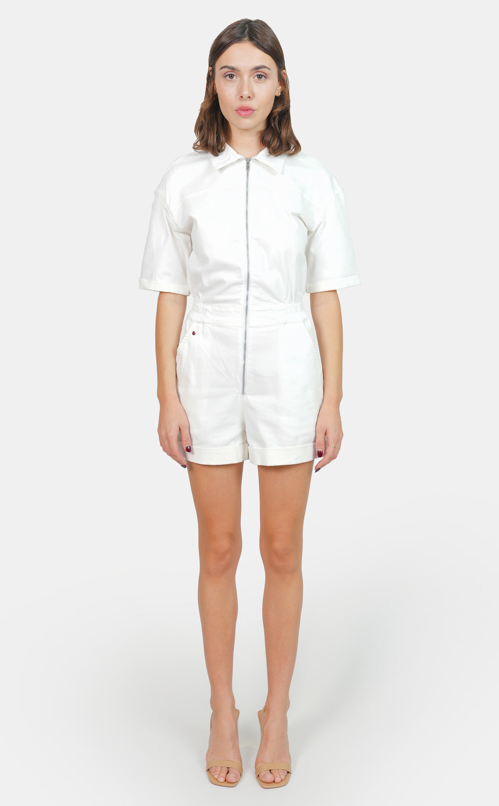Combishort blanc en coton DOLCE femme, WHITE, taille XS, porté par Marie (1m71) – photo 3