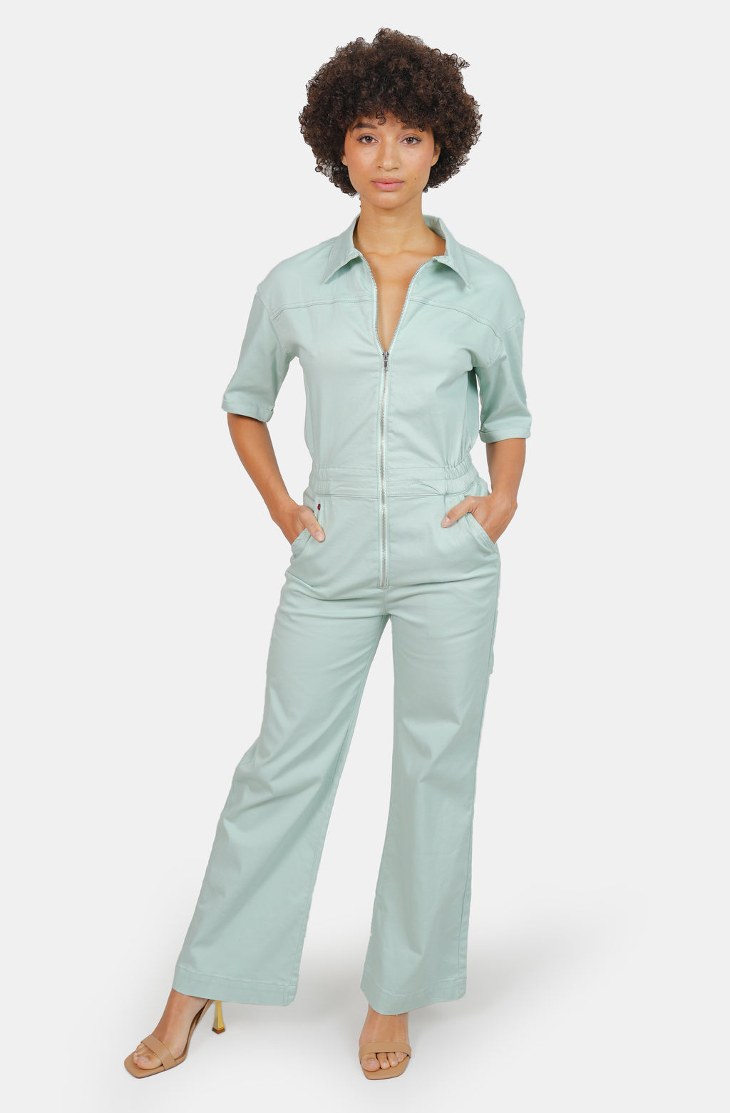 Combinaison évasée manches courtes sage DELPHINE femme, LIGHT SAGE, taille XS, porté par Marie (1m71) – photo 3