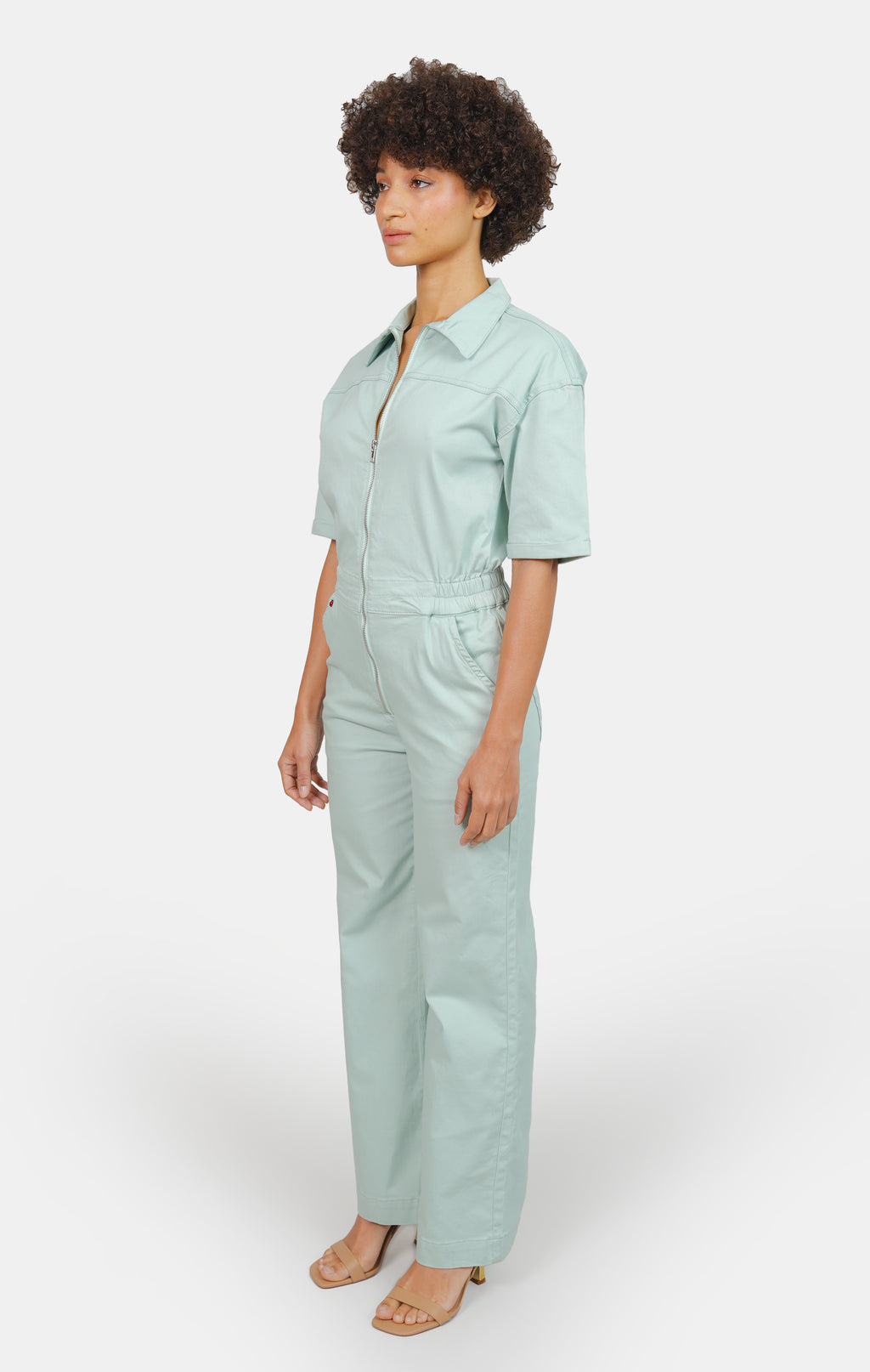 Combinaison évasée manches courtes sage DELPHINE femme, LIGHT SAGE, taille XS, porté par Marie (1m71) – photo 4