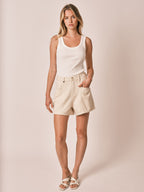 Short ample AYEL en coton femme, BEIGE, taille XS, porté par Zoé (1m76) (F.A.M. JEANS) – photo 1