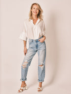 Jean boyfriend bleu clair MANON Scrapper femme, LIGHT BLUE, taille XS, porté par Jessica (1m75) (F.A.M. JEANS) – photo 1