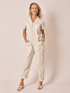 Combinaison manches courtes beige DENISE femme, GREIGE, taille XS, porté par Jessica (1m75) (F.A.M. JEANS) – photo 1