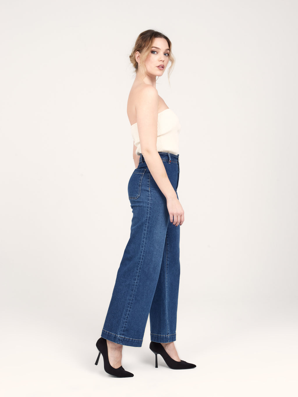 Jean évasé stone FAUVE femme, STONE, taille XS, porté par Priscilla (1m76) – photo 3