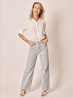 Jean évasé FOREST STRIPE en coton femme, BLUE, taille XS, porté par Jessica (1m75) – photo 2