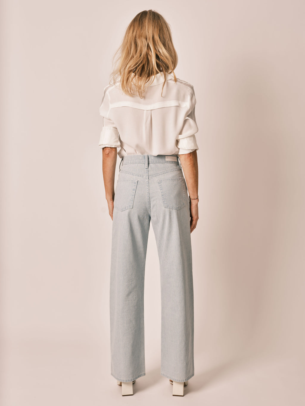 Jean évasé FOREST STRIPE en coton femme, BLUE, taille XS, porté par Jessica (1m75) – photo 5