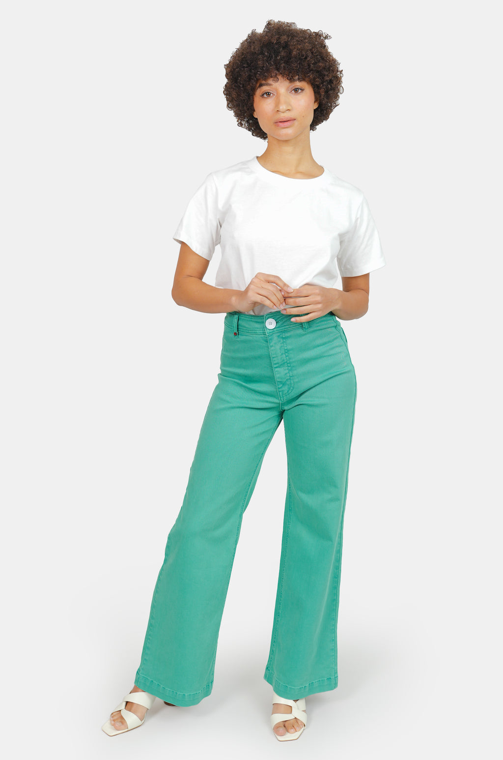 Jean évasé taille haute vert FAUVE femme, GREEN, taille XS, porté par Marie (1m71) (F.A.M. JEANS) – photo 1