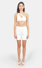 Short court en coton ABBY blanc femme, WHITE, taille XS, porté par Claire (1m76) – photo 3