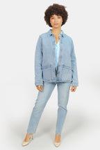 Veste légère bleu en jean VIVIAN femme, LIGHT BLUE, taille XS, porté par Marie (1m71) – photo 2