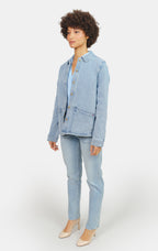 Veste légère bleu en jean VIVIAN femme, LIGHT BLUE, taille XS, porté par Marie (1m71) – photo 4