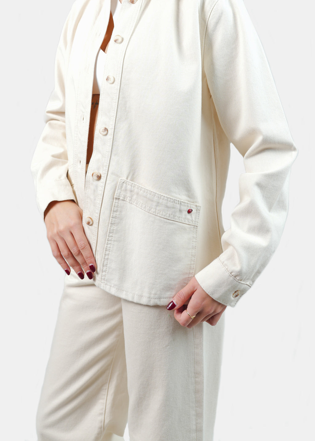 Veste légère écru en jean VIVIAN femme, GREIGE, taille XS, porté par Claire (1m76) (F.A.M. JEANS) – photo 1