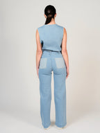 Jean évasé bicolore bleu FAUVE femme, BLUE, taille XS, porté par Mélissa (1m70) – photo 4