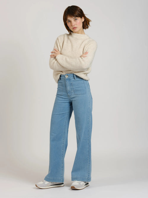 Jean évasé taille haute bleu FAUVE femme, BLUE, taille XS, porté par Sarah (1m72) – photo 2