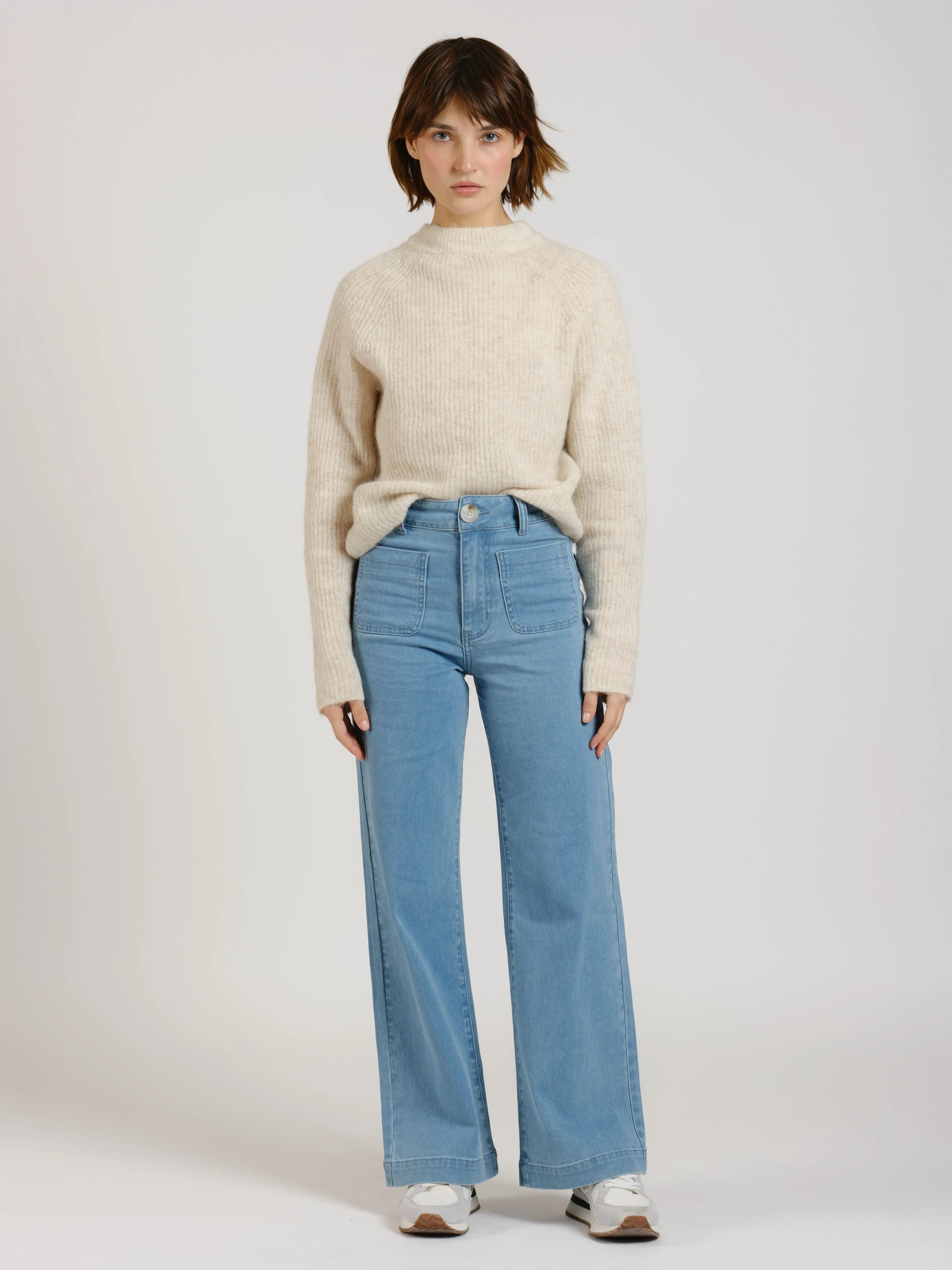 Jean évasé taille haute bleu FAUVE femme, BLUE, taille XS, porté par Sarah (1m72) – photo 3