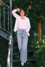 Jean large bleu FLORA STRASS femme, BLUE, taille XS, porté par Mélissa (1m70) – photo 2