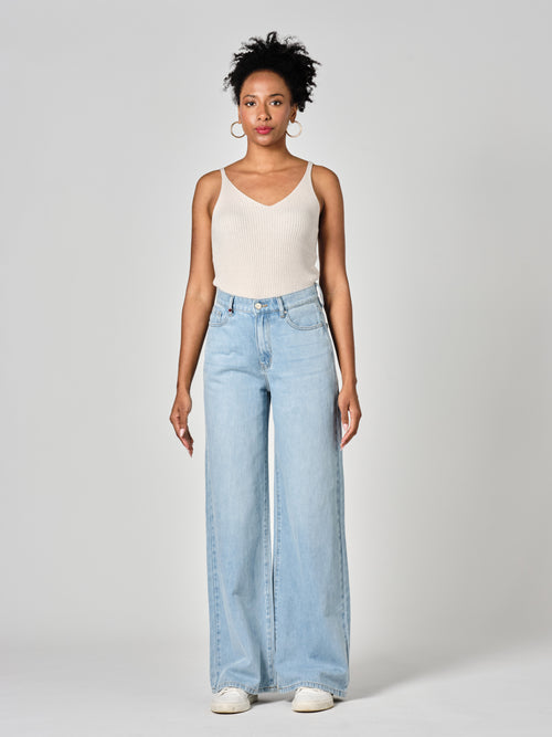 Jean large taille haute FLORA femme, BLUE, taille XS, porté par Shazney (1m75) – photo 2