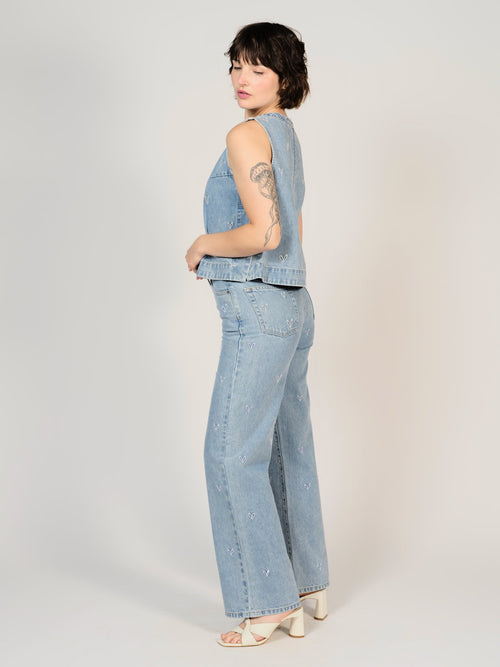 Jean évasé bleu FOREST EMBRO femme, BLUE, taille XS, porté par Sarah (1m72) (FAM PARIS) – photo 1