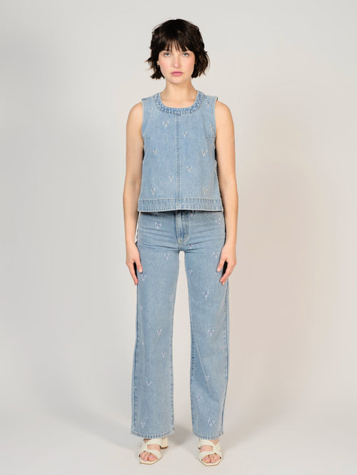 Jean évasé bleu FOREST EMBRO femme, BLUE, taille XS, porté par Sarah (1m72) – photo 5