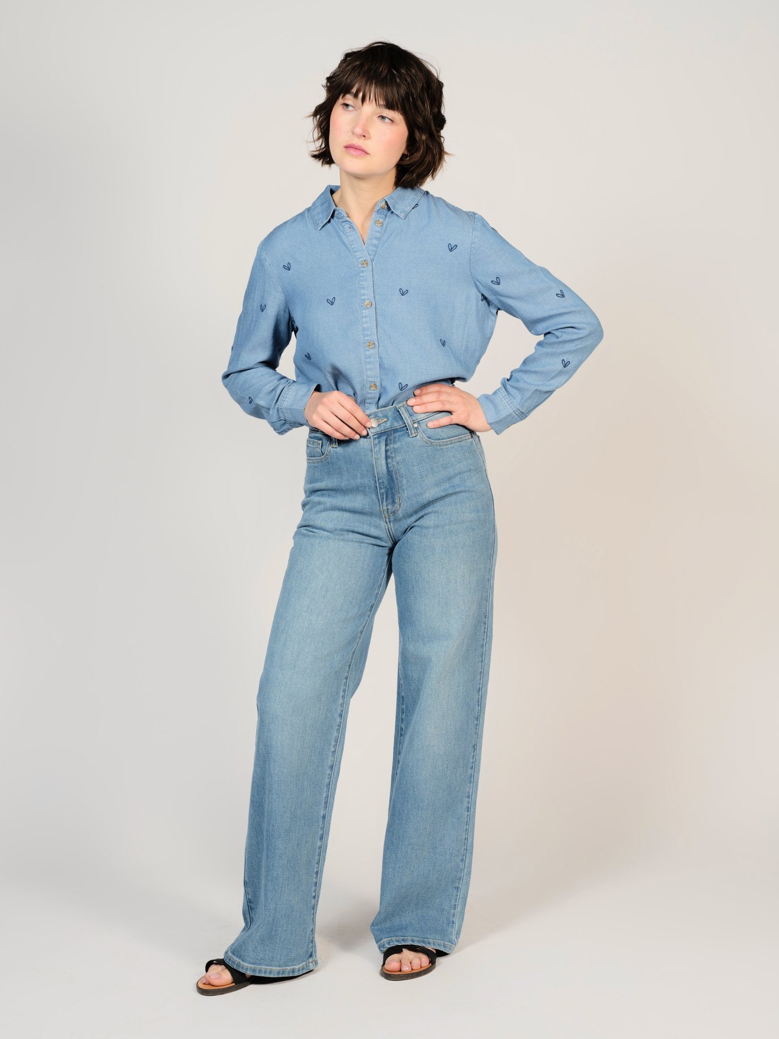 Jean large long bleu FLORA femme, BLUE, taille XS, porté par Sarah (1m72) – photo 3