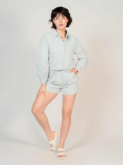 Short à pinces bleu AMELIA STRIPE femme, STRIPE BLUE, taille XS, porté par Sarah (1m72) – photo 3