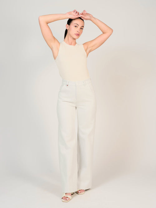 Jean évasé taille haute blanc FRANCINE femme, WHITE/BLUE, taille XS, porté par Mélissa (1m70) (FAM PARIS) – photo 1