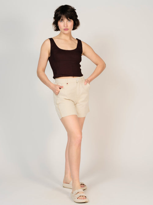 Short court taille haute écru AXELLE femme, GREIGE, taille XS, porté par Sarah (1m72) (FAM PARIS) – photo 1