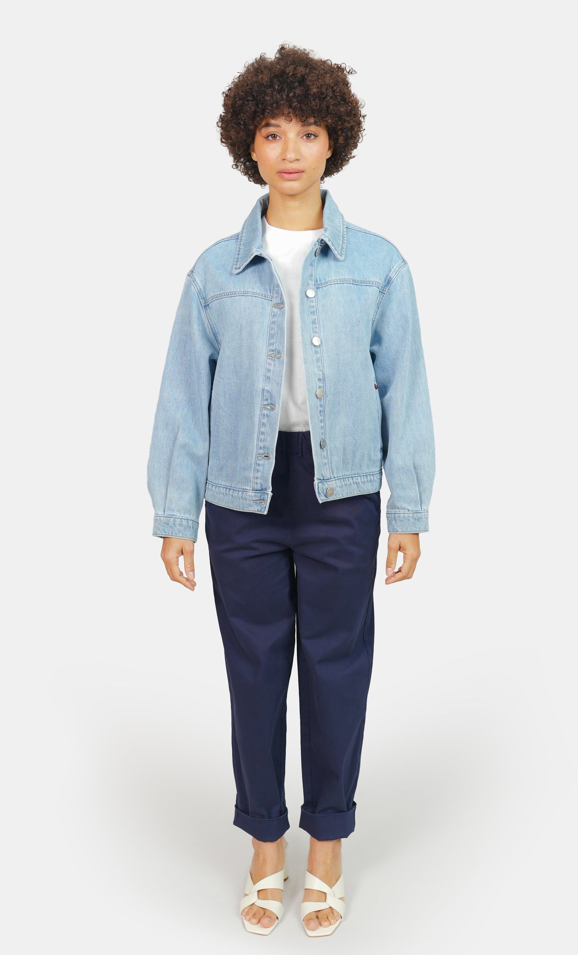 Veste en jean bleu oversize VICKY femme, BLUE, taille XS, porté par Marie (1m76) – photo 2