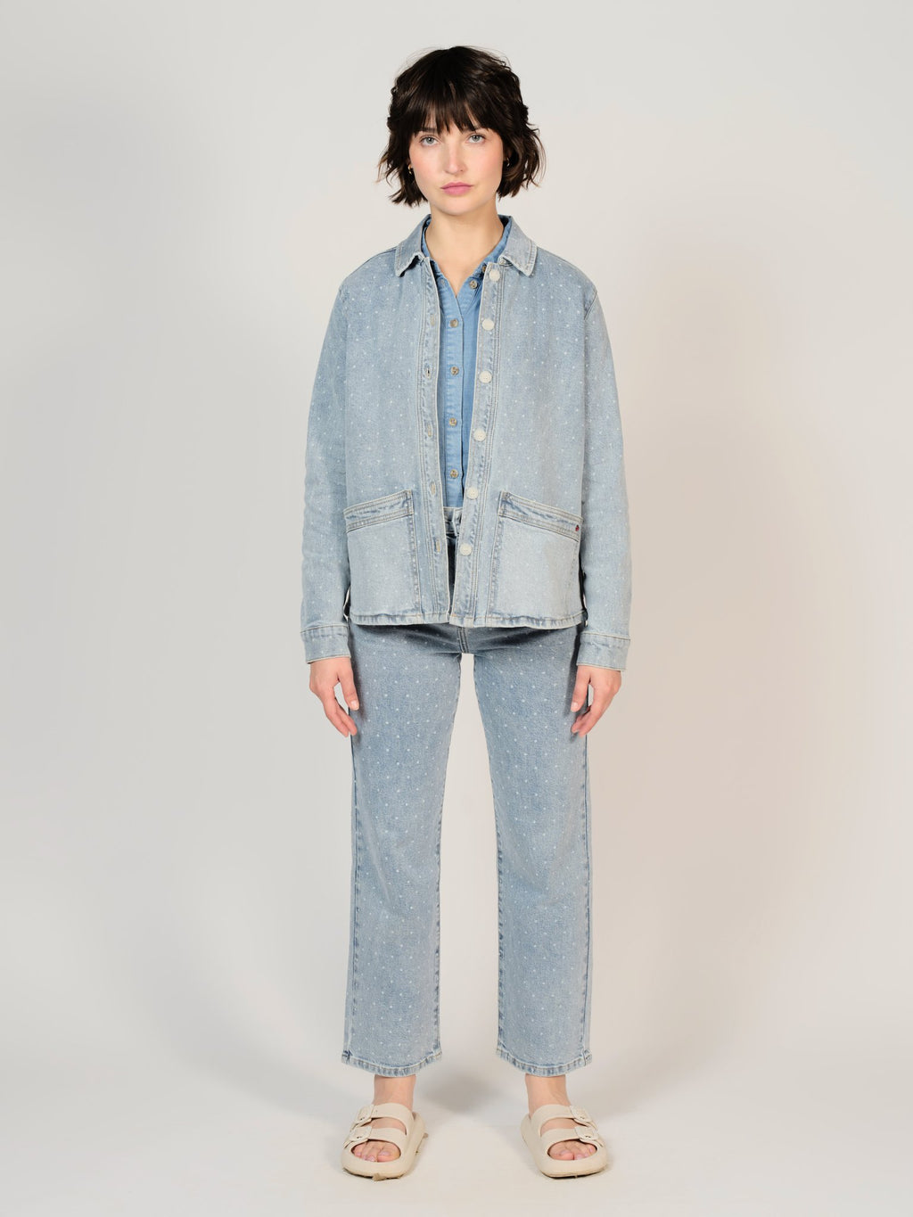 Veste en jean bleu VIVIAN POIS femme, LIGHT BLUE, taille XS, porté par Sarah (1m72) – photo 2