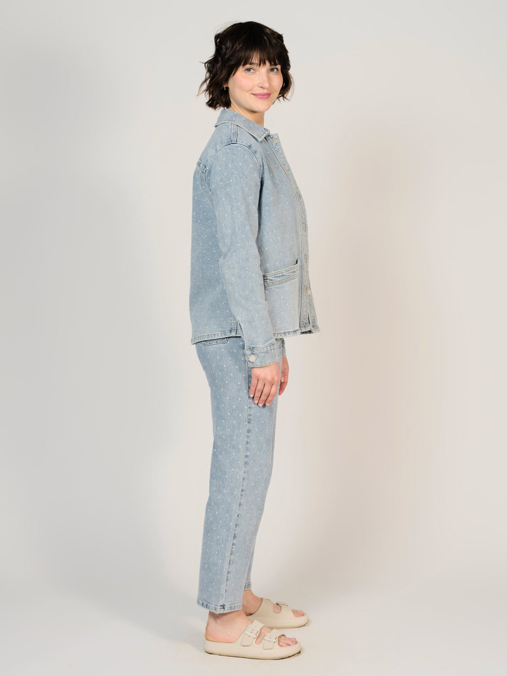 Veste en jean bleu VIVIAN POIS femme, LIGHT BLUE, taille XS, porté par Sarah (1m72) – photo 3