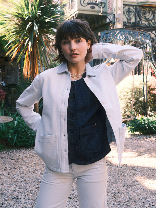 Veste en jean blanc VIVIAN femme, WHITE/BLUE, taille XS, porté par Sarah (1m72) – photo 6