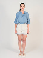 Chemise unie bleu SALLY femme, BLUE, taille XS, porté par Mélissa (1m70) – photo 4