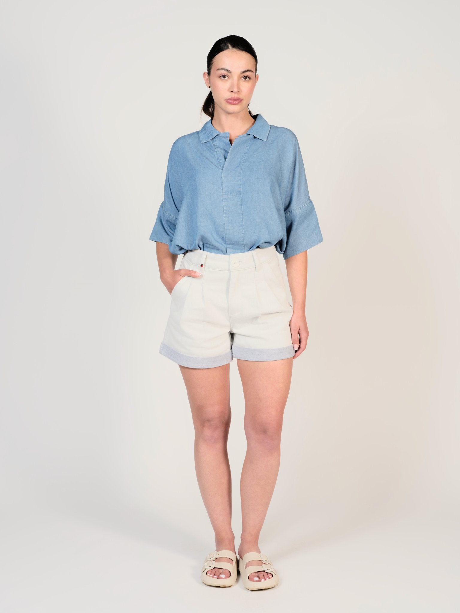 Chemise unie bleu SALLY femme, BLUE, taille XS, porté par Mélissa (1m70) – photo 5