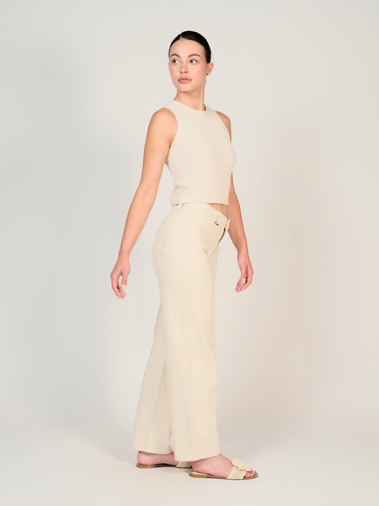 Jean baggy écru LENA femme, GREIGE, taille XS, porté par Mélissa (1m70) – photo 3