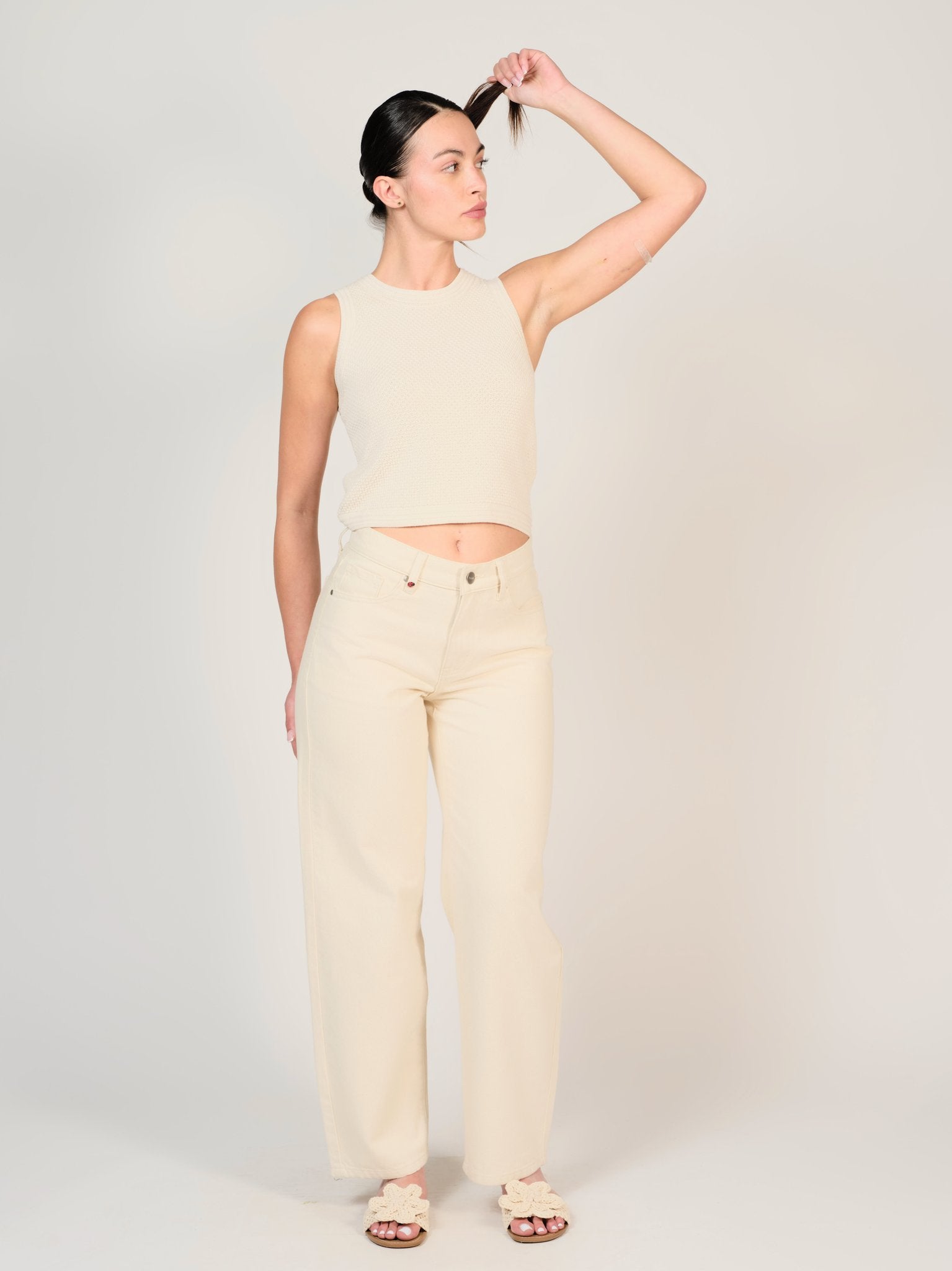 Jean baggy écru LENA femme, GREIGE, taille XS, porté par Mélissa (1m70) – photo 5