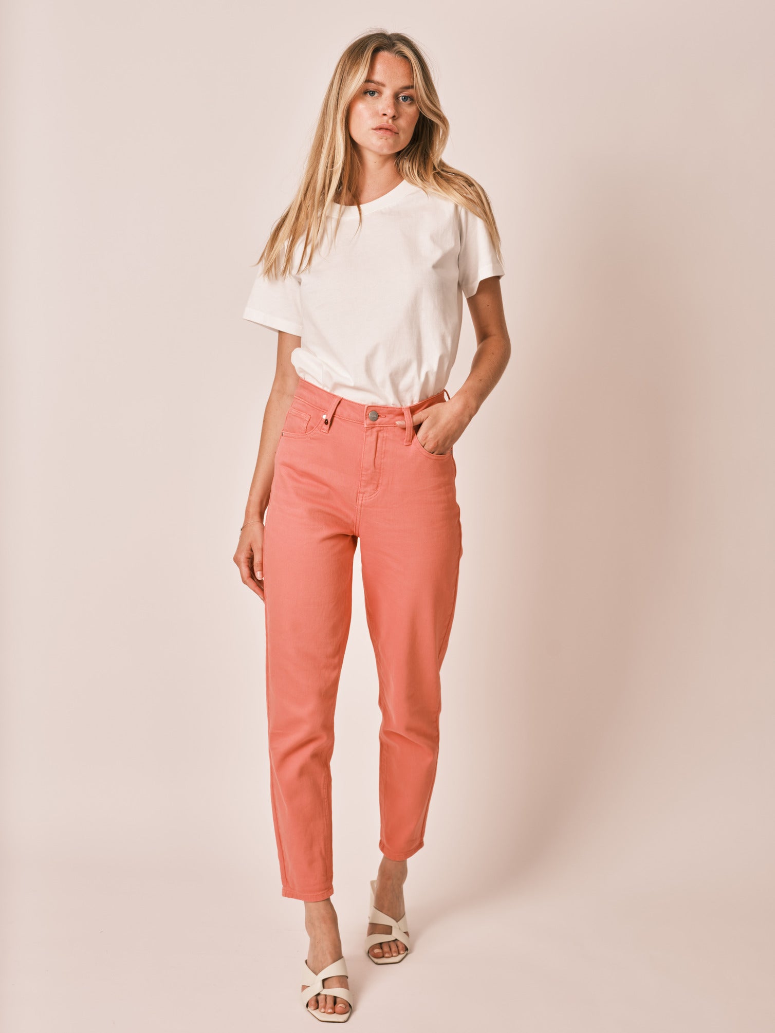 Jean mom rose corail taille haute POLLY
