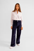 Pantalon évasé en velours bleu marine FAUVE femme, NAVY, taille XS, porté par Pauline (1m65) – photo 4