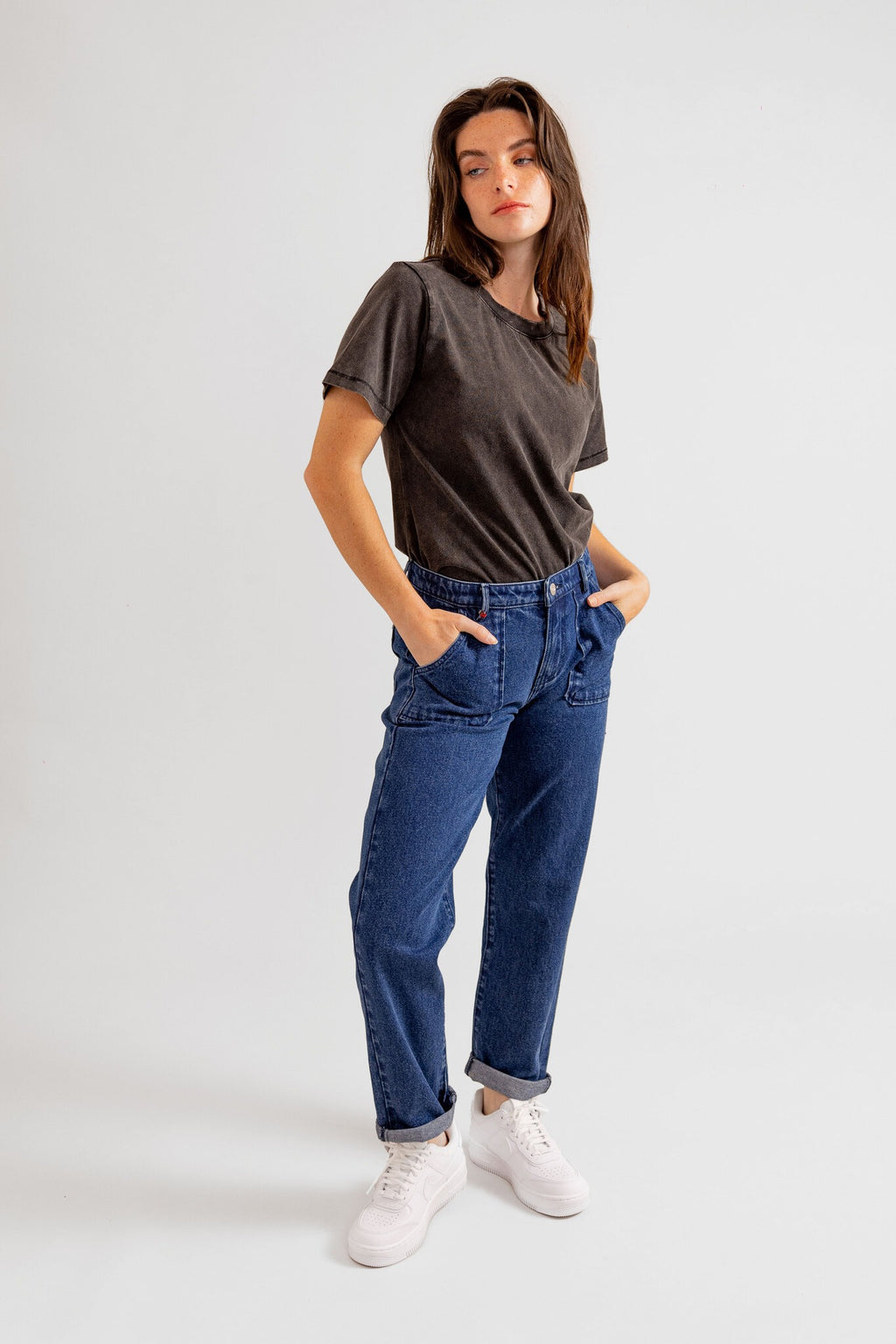 Jean mom confort stone MARIE femme, STONE, taille XS, porté par Eden (1m70) – photo 2