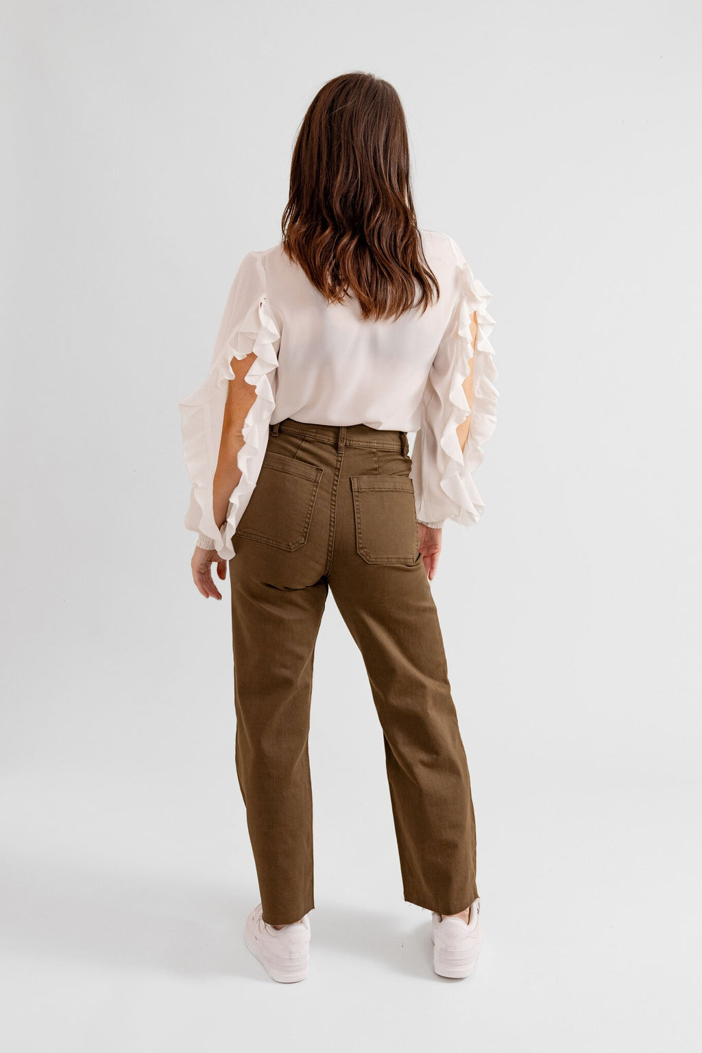 Jean évasé taille haute café FAUVE femme, CAFE, taille XS, porté par Eden (1m70) – photo 4