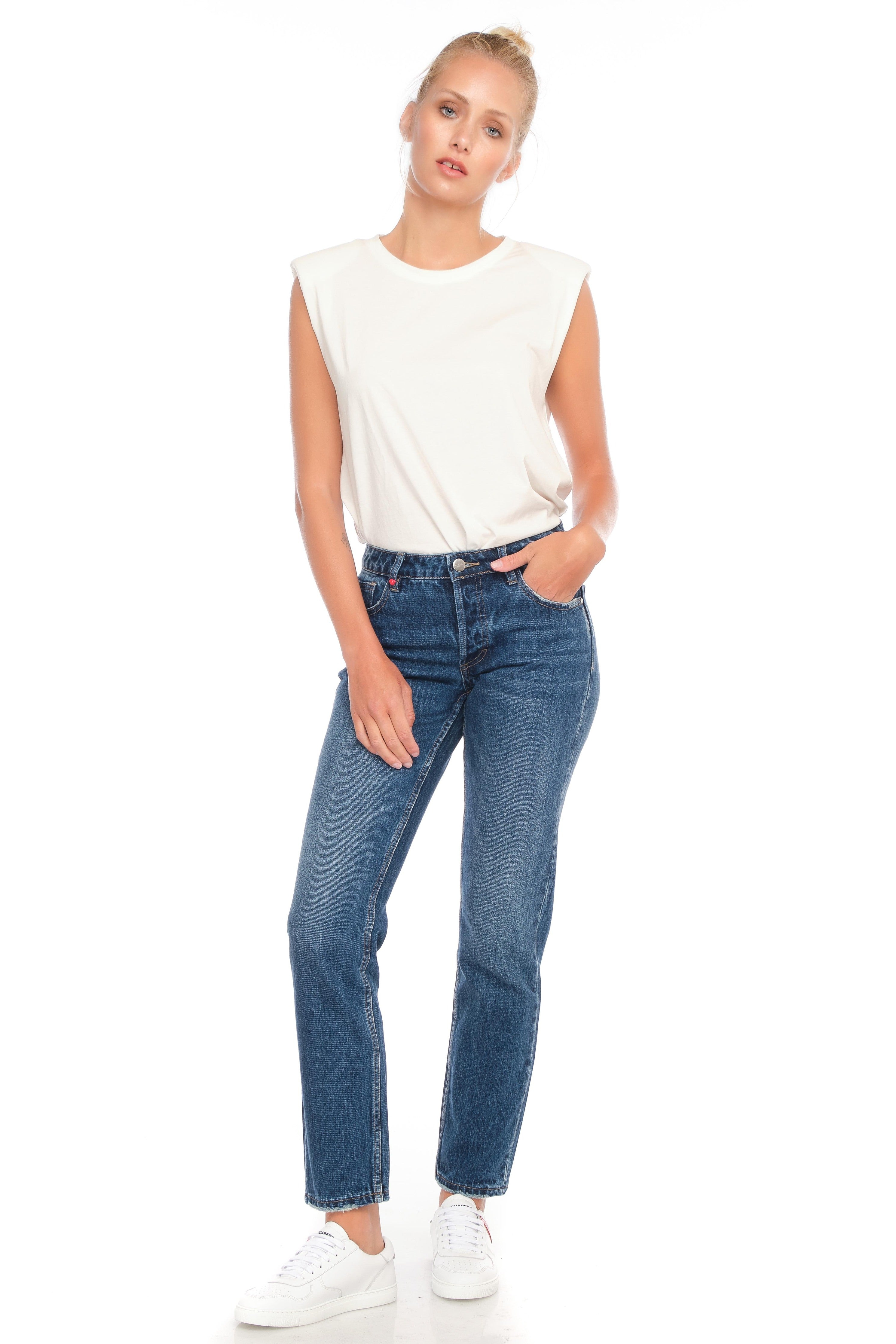 Jean droit taille mi-haute stone KELLY femme, STONE, taille 26, porté par Emy (1m76) (F.A.M. JEANS) – photo 1