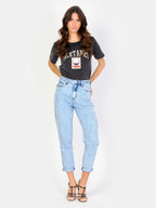 Jean balloon court bleu neigé LILA femme, ICE BLUE, taille 25, porté par Amanda (1m76) (F.A.M. JEANS) – photo 1