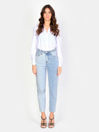 Jean mom bi-color POLLY RV femme, BLUE, taille 25, porté par Amanda (1m76) – photo 2