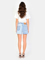 Short court bicolore en jean ALICIA RV femme, BLUE, taille XS, porté par Amanda (1m76) – photo 4