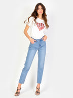 Jean mom taille haute bleu POLLY femme, BLUE, taille 25, porté par Amanda (1m76) (F.A.M. JEANS) – photo 1